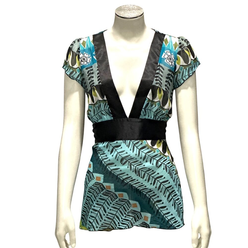 Wrapper Size Sm Teal Black Statement Print Deep V Wrap Tie Waist Peplum Top Chic - Picture 2 of 10
